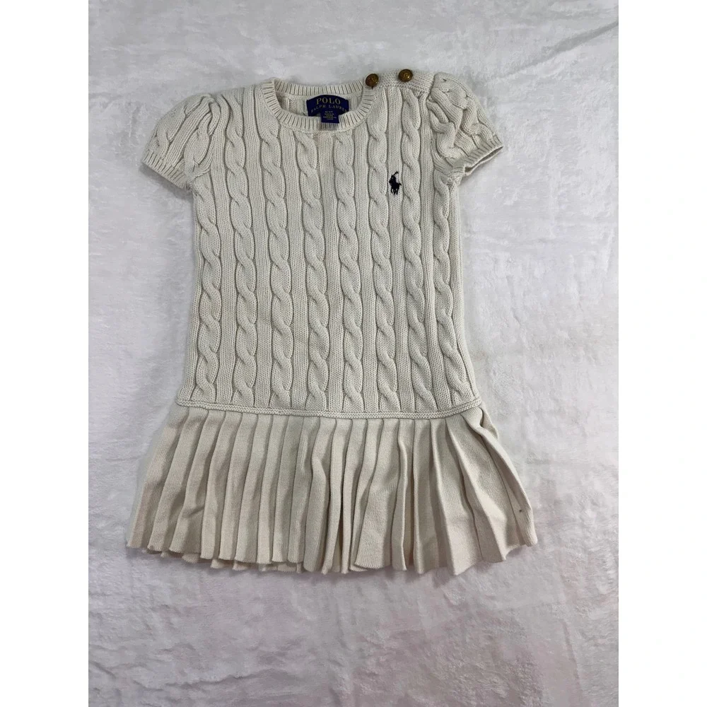 Polo Ralph Lauren Cable Knit Sweater Dress 3T Cream Pleated Skirt Kids Girls